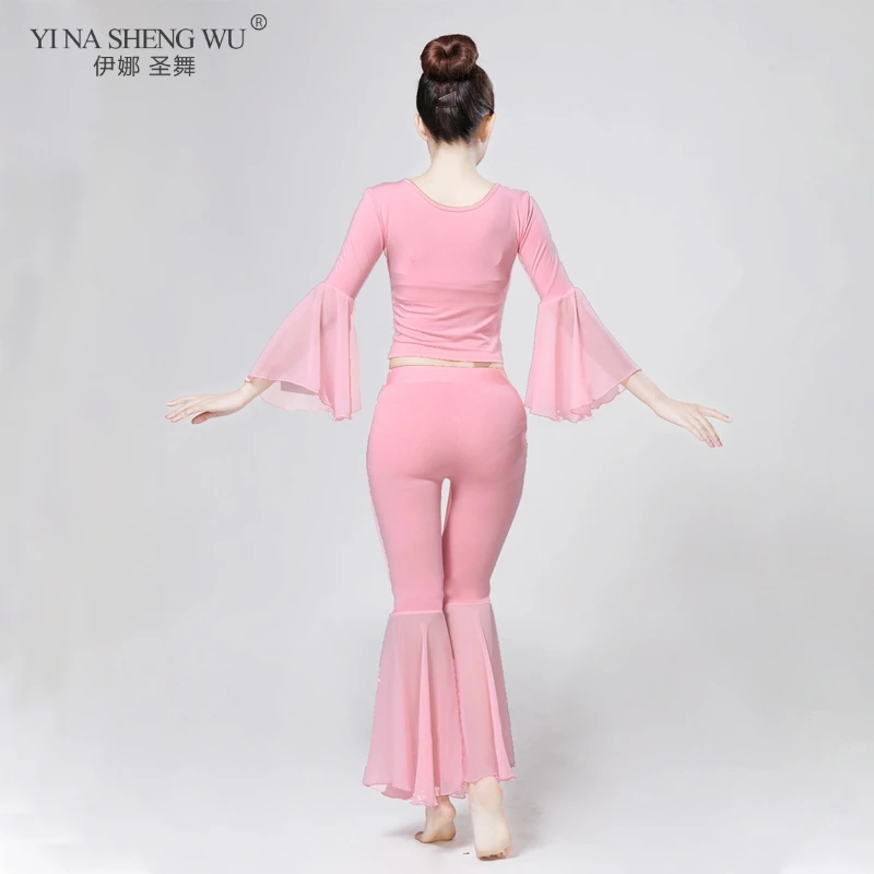 Costume de danse du ventre pour femmes, ensemble de vêtements d'entraînement de danse pour adultes, manches trompette, vêtements de danse, 2 pièces, haut + pantalon