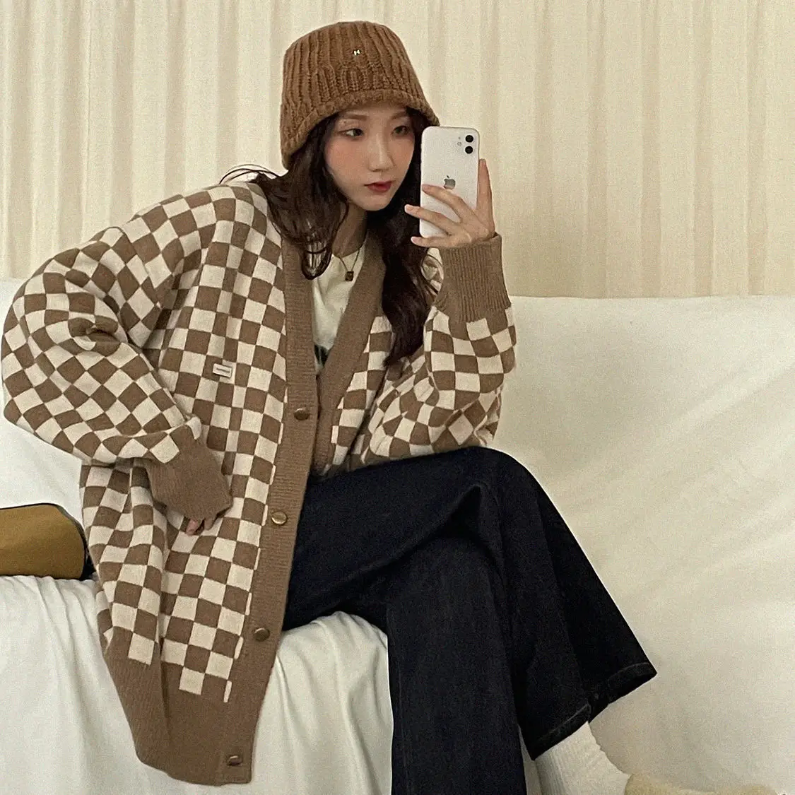 Checkerboard Cổ Tim Nữ Dài Tay Áo Len Dệt Kim Nữ Hàn Quốc Hồng Áo Len Cardigan Nữ Áo Có Nút Bấm