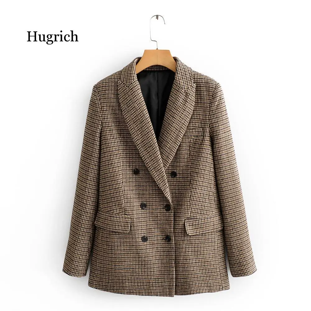 

Women Stick Winter Double Breasted Suit Jacket Office Ladies Vintage Plaid Blazer Pockets Work Wear Tops