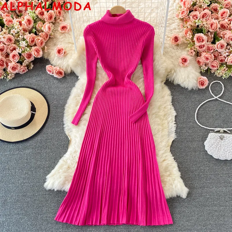 

ALPHALMODA Solid Color Turtle Neck Long-sleeved Pleated Elegant Women Knitted Dress Autumn Winter All-matching Bottom Dress