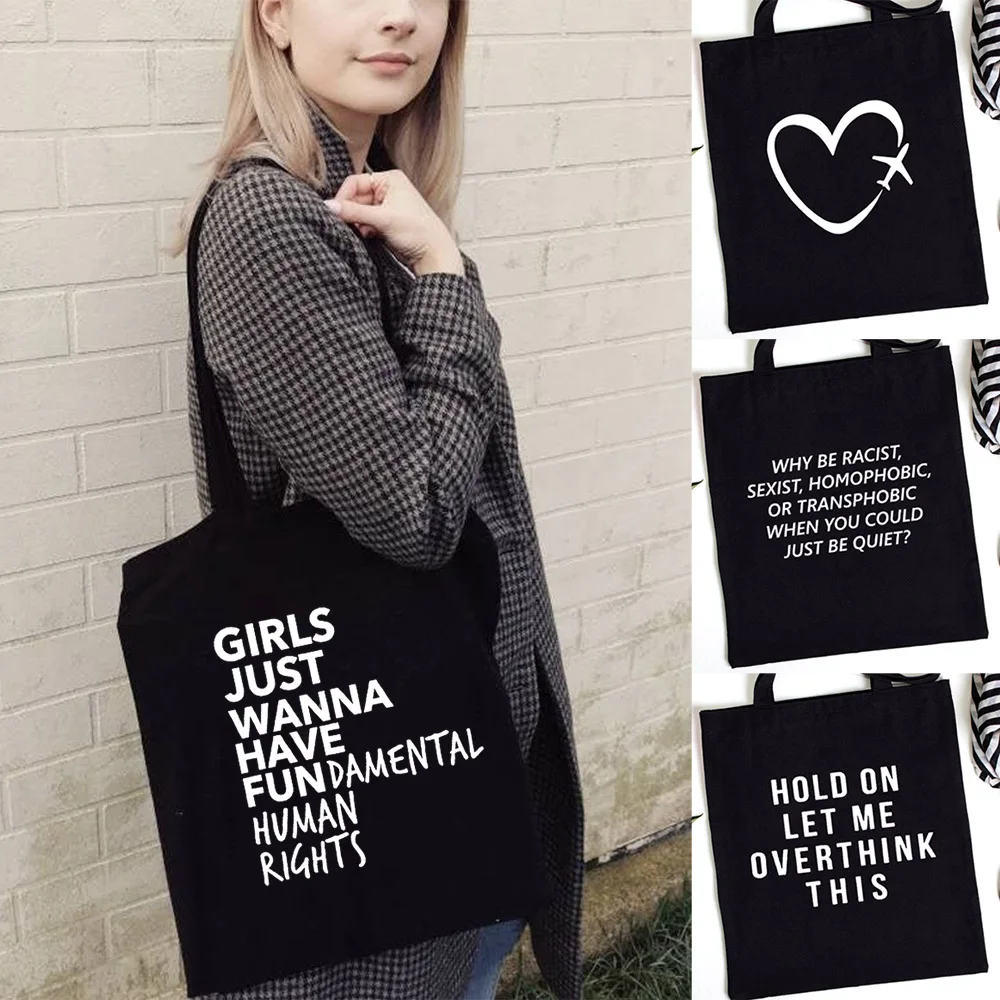 Letter Printing Harajuku Shopping Black Bags Canvas Tote Bag Fashion Women Vintage Reusable Cloth Bag Handbag Girl Shoulder Bags