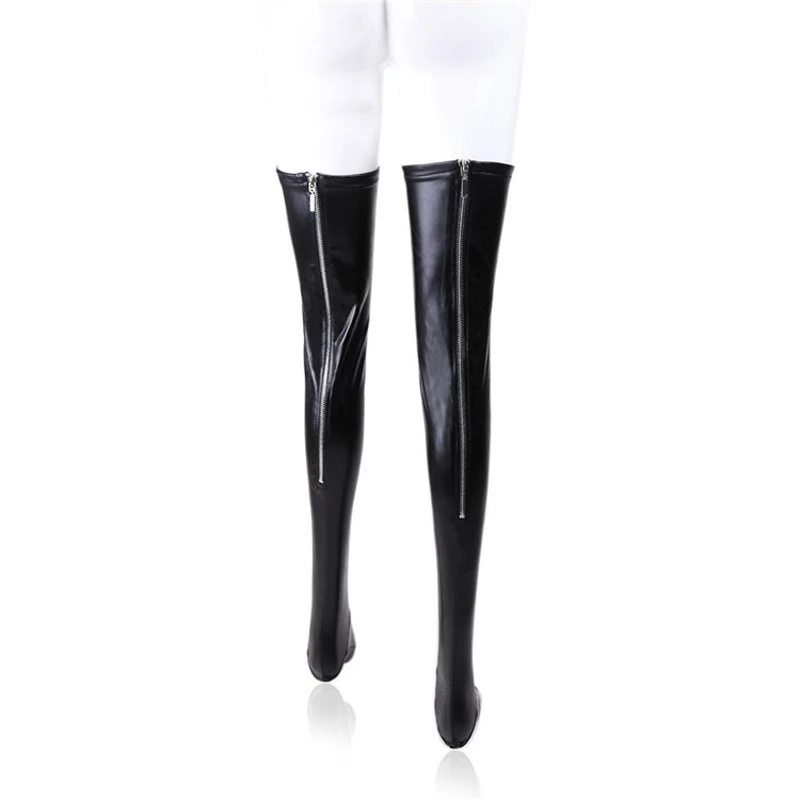 Women Fetish Lingerie Sexy Faux Leather Thigh High Stockings Back Zipper Erotic Clubwear Latex Style Hot Pants Trousers