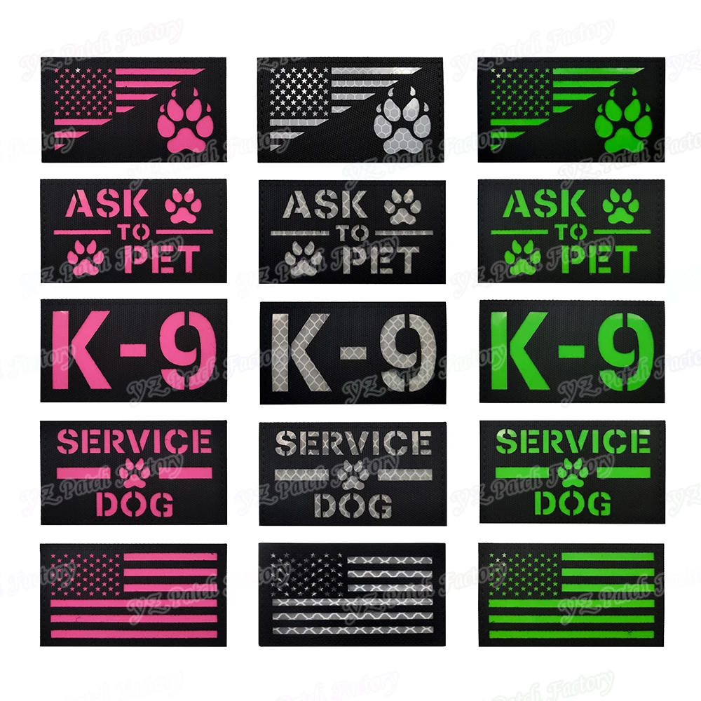 K9 Infrared IR Reflective Pink Green Luminous Service Dog Rescue Embroidery Patch Tactical Patches Emblem Badges