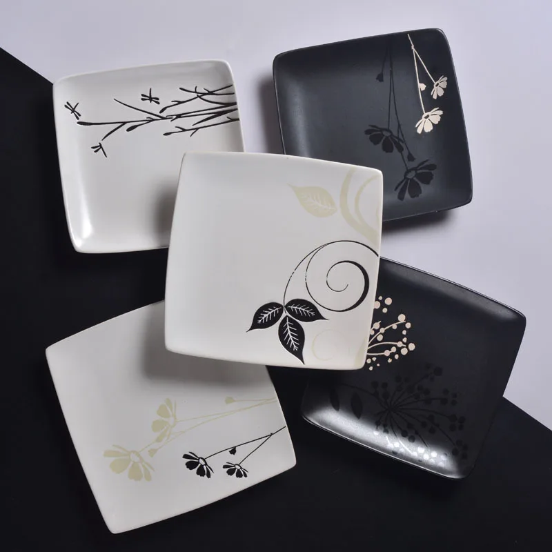 Japanese style 8.5 inch ceramic tableware black and white hand-painted flat plate deep dish fruit steak square dish plate