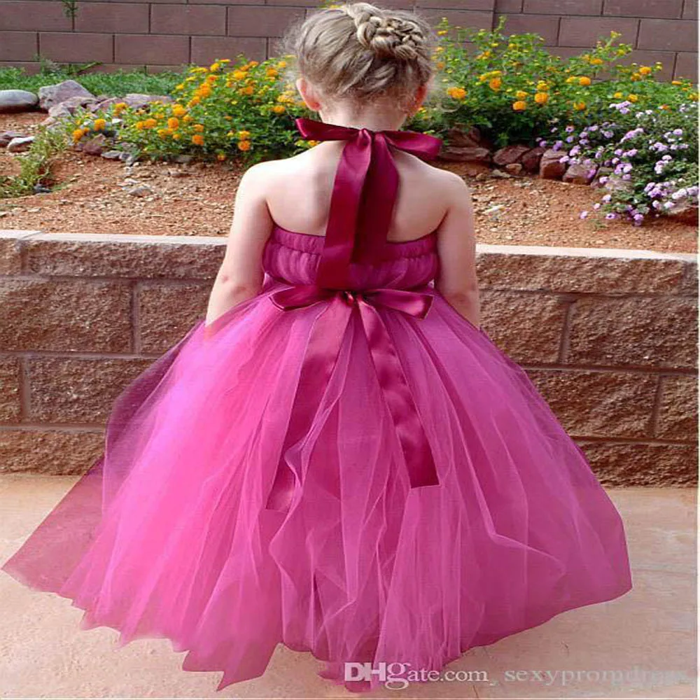 Fushia – robe longue à fleurs pour filles, en Tulle, Simple, col licou, avec ceinture de ruban, robe de soirée de mariage pour bébé, bon marché