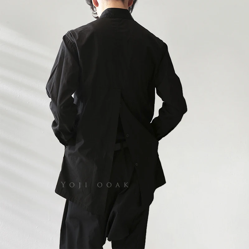 

Мужская рубашка с длинным рукавом, темно-синяя хлопковая Повседневная рубашка с воротником-стойкой, разрезом сзади, пуговицами и длинными рукавами, весна-осень