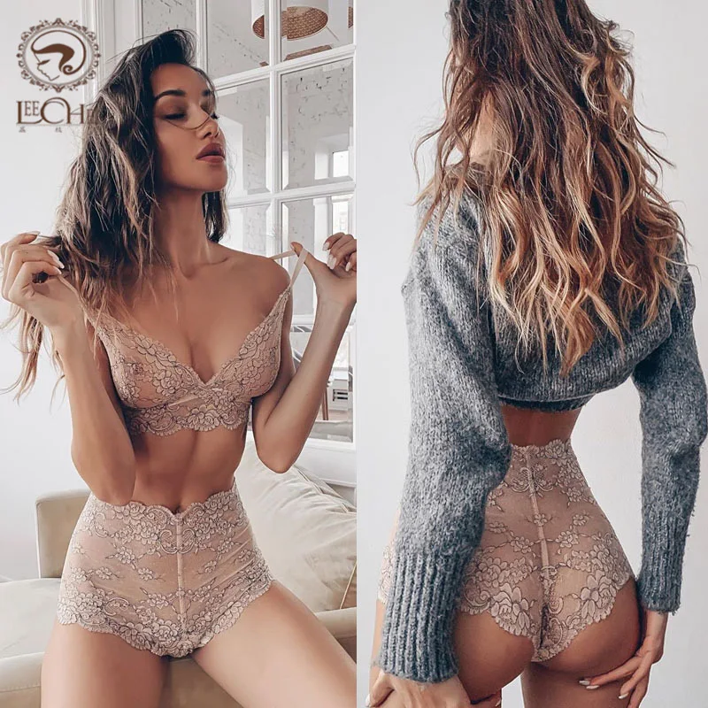 Leechee Bicolor Lace Bra Set Sensual Lingerie Women 3/4 Cup Bralette High Waist Panty Transparent Lingerie Set Sexy Underwear