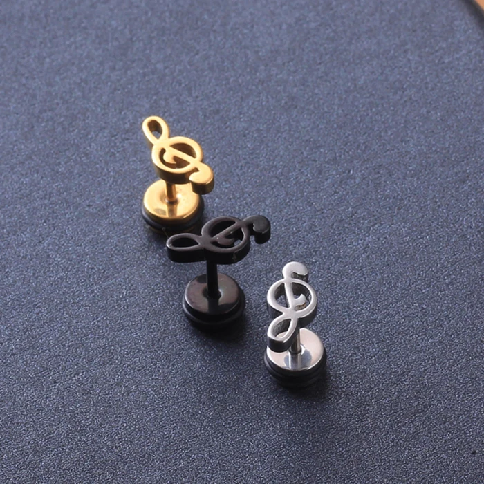 Stainless Steel Treble Clef Music Note Ball Men Women Unisex Ear Piercing stud Earrings 2pcs