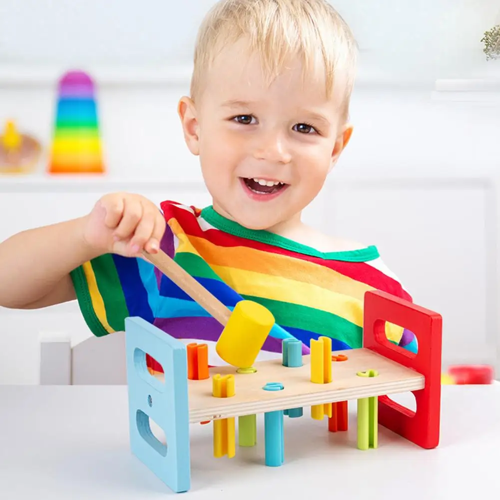 Banco de juguete de madera con martillo, juguete de desarrollo para niños pequeños, educación temprana, punzón y D