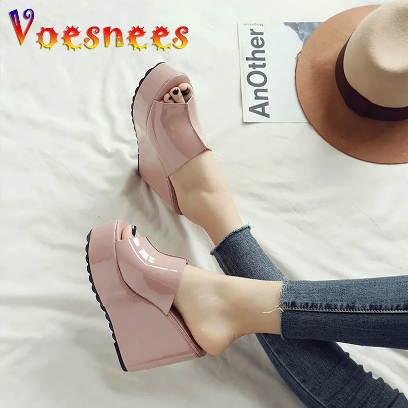 2022 High-heeled Home Women Slippers Waterproof Platform Slides Wedge Sandals Summer New Solid Color Simple 12CM High Heel Shoes