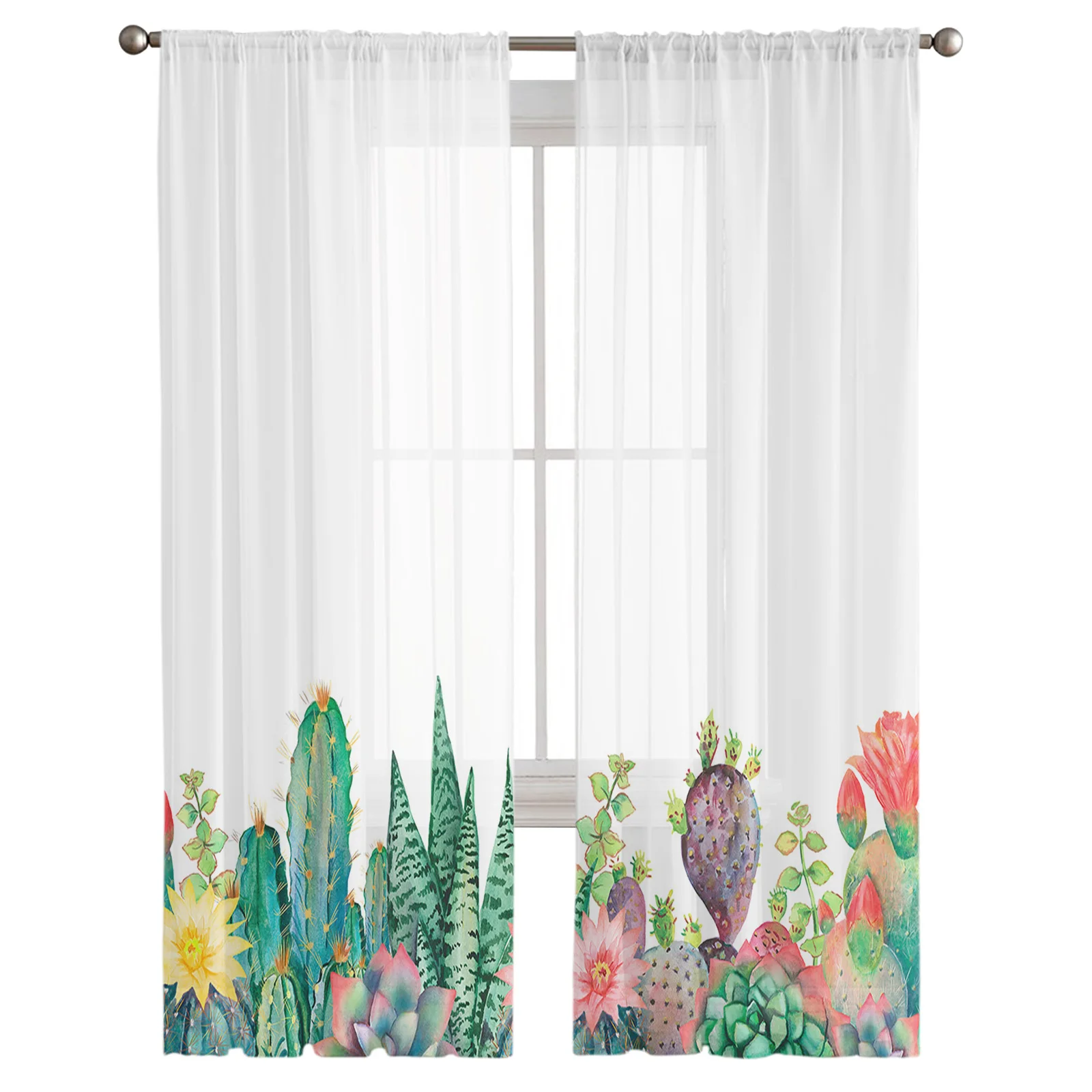 Cactus Watercolor Illustration Curtain For Living Room Transparent Tulle Curtains Window Sheer For The Bedroom Accessories Decor