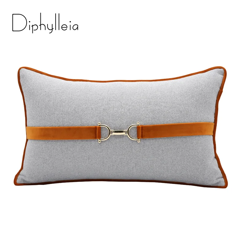 Diphylleia Luxury Designer Rectangular 30x50cm Pillow Cushion Cover Equestrian Buckle Horsebit Woven Tan Grey Design