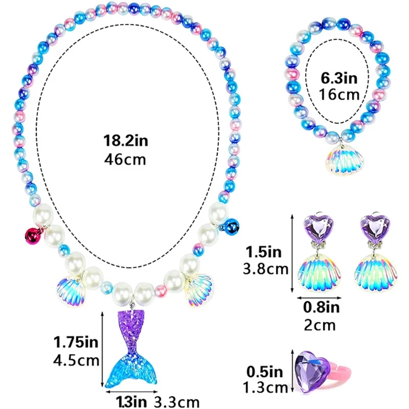 Children\'s Mermaid Themed Necklace Set Cute Girl 5 Pcs Kids  Princess Pearls Beads Necklace Bracelet Ring Set Jewelry Gift