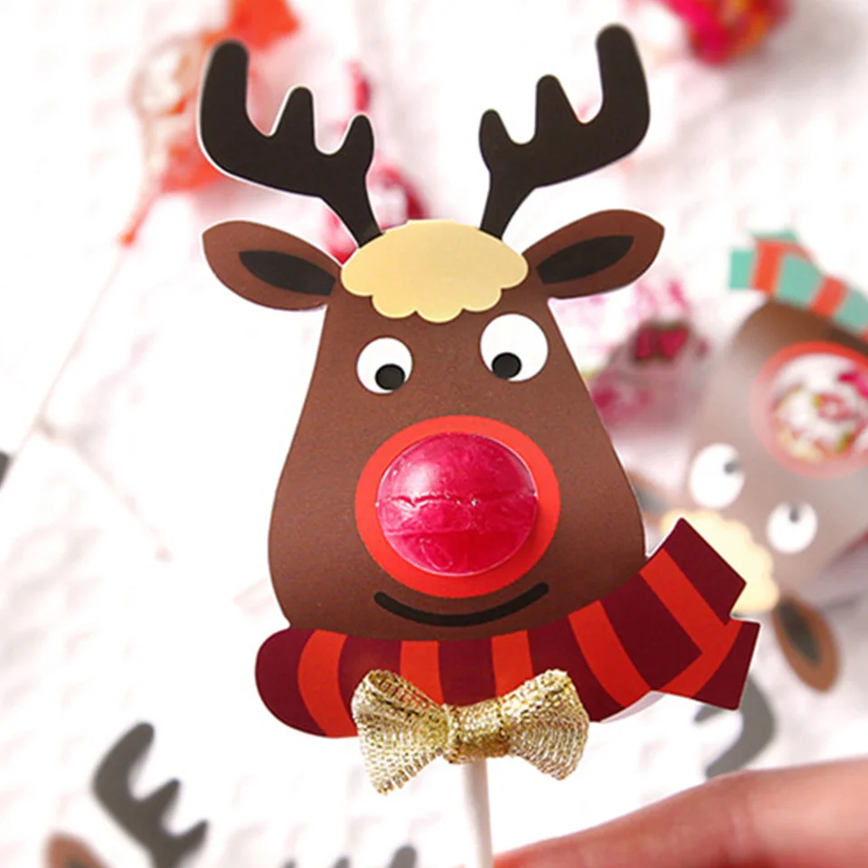 30PCS 3 Colors Christmas Candy Package Card Cartoon Deer Lollipop Holder For Xmas Party Decoration Home DIY Kids Craft Supplies