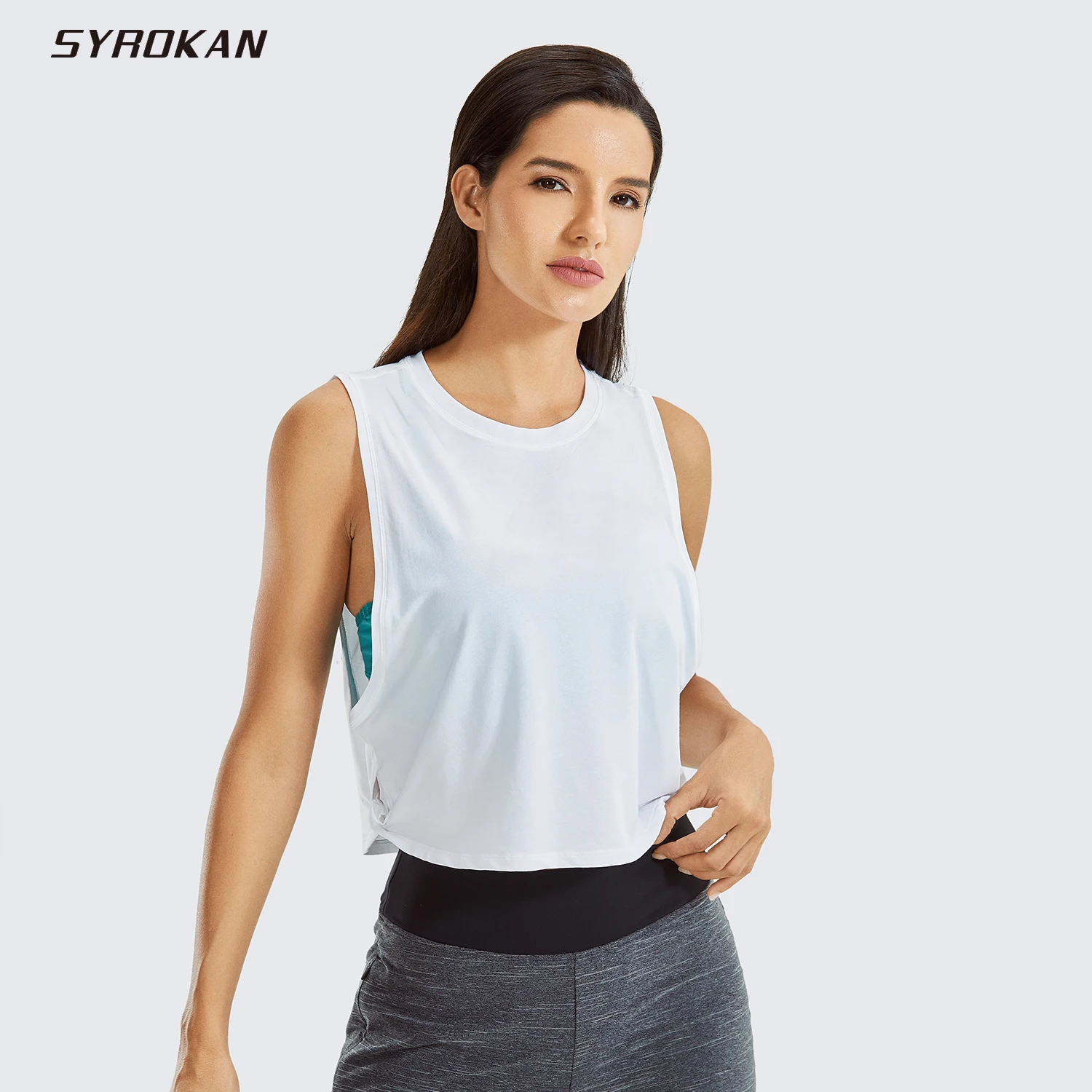 

SYROKAN Cotton Sports Shirt Women Solid Color Pima Workout Tank Crop Sleeveless Yoga Pilates Tops Pullover T-shirts Clothings