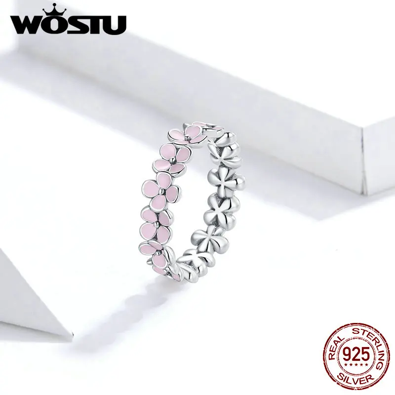 WOSTU Flower Silver 925 Ring Pink Zircon Daisy Flower Enamel Rings For Female Fingers Original Wedding Engagement Jewelry Gift