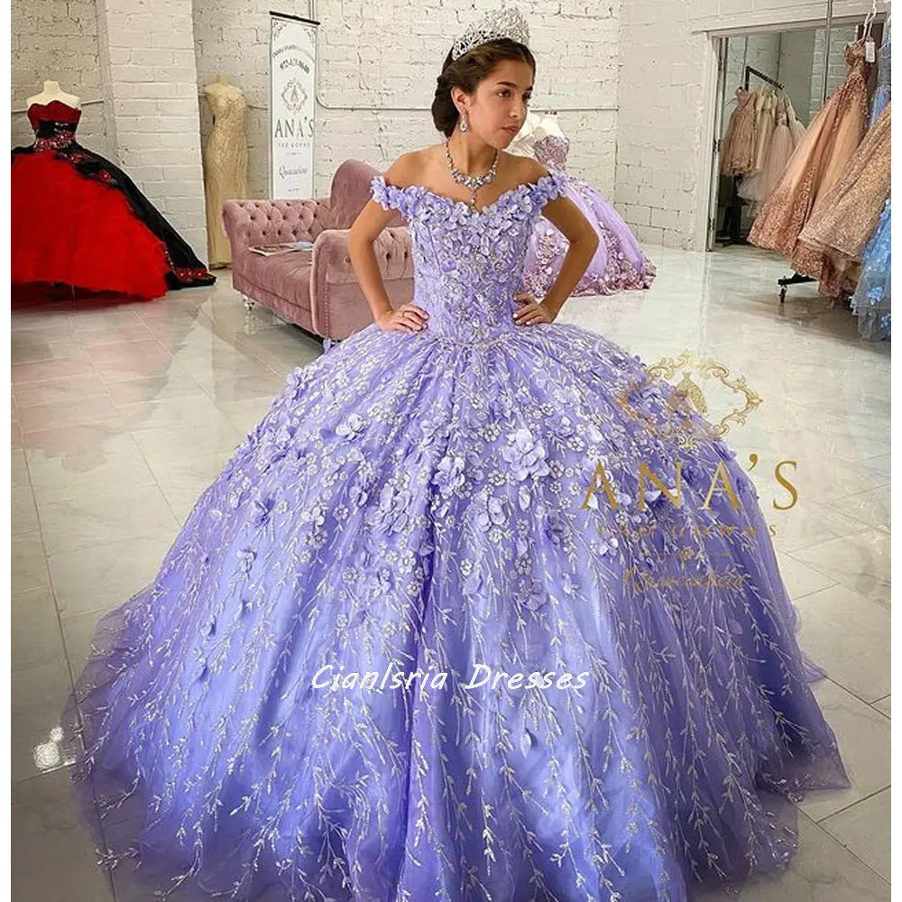 2023 Lavender Handmade Flowers Quinceanera Dresses Ball Gown Crystal Floral Lace Off The Shoulder Formal Party Sweet 16 Dress