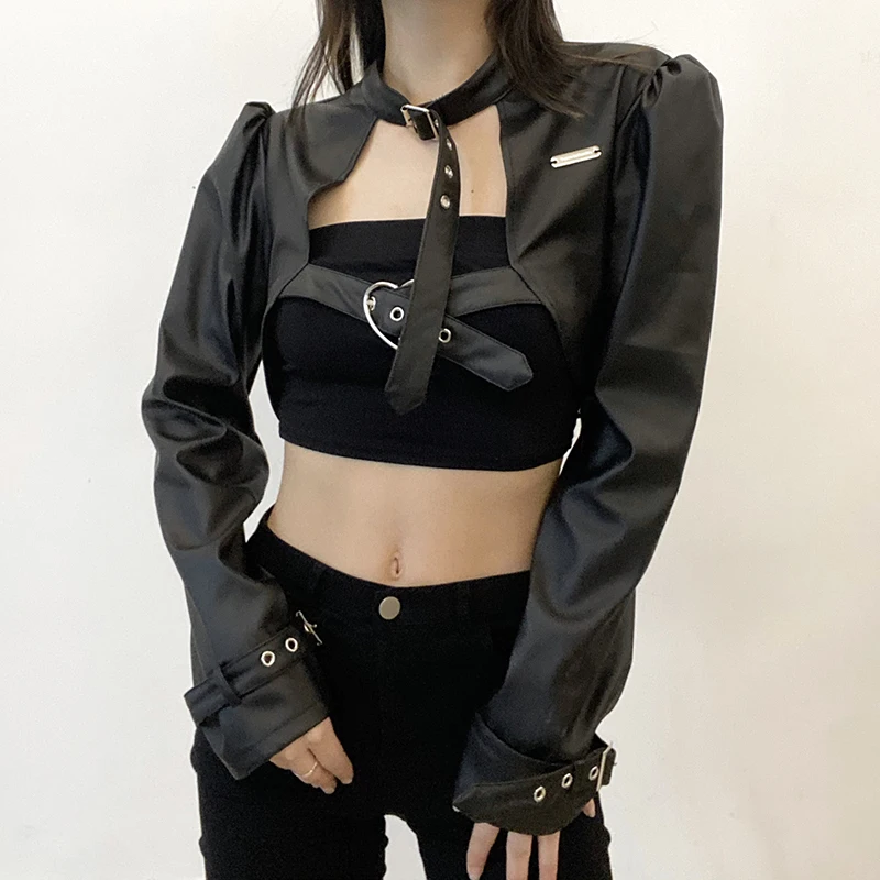 Rockmore PU Leather Jacket Women Punk Style Streetwear Black Metal Buckle Coats Gothic Overcoat Crop Top Hippie Outfits Techwear