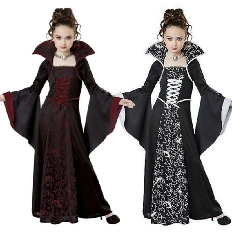 Halloween Costume for Kids Girls Flared Sleeves Royal Vampire Costume Girl Medieval Long Sleeve Dress Costume for Party Cosplay