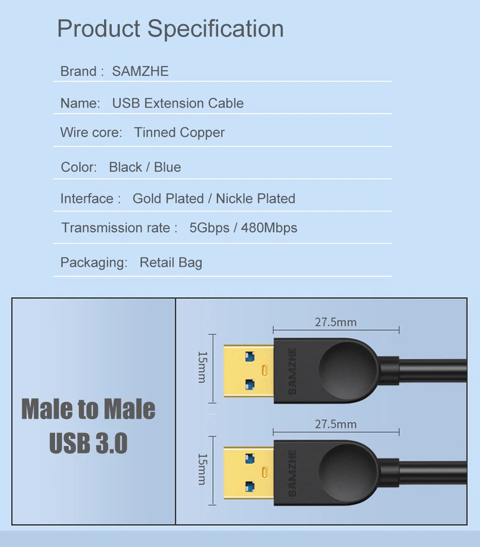 SAMZHE USB zu USB 3,0 Verlängerung Kabel Stecker auf Stecker 2,0 Verlängern Kabel Für PC TV PS4 Computer Laptop Extender – Detail 10