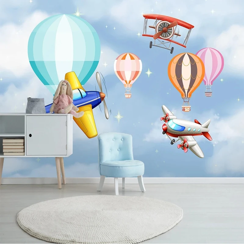 

Custom 3D Mural Cartoon Hot Air Balloon Airplane Blue Sky Photo Wallpaper Children Room Bedroom Wall Papel De Parede Non-woven