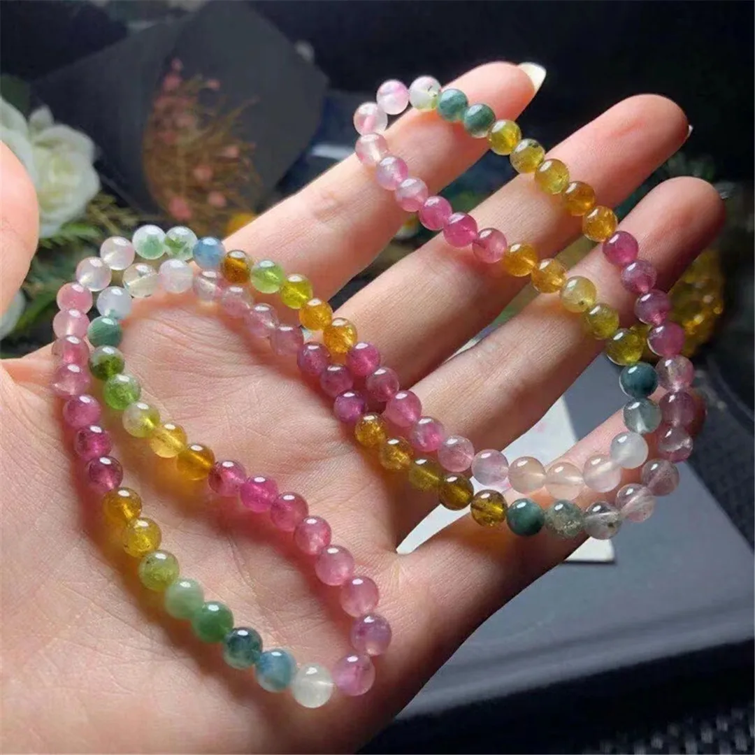 6mm Natural Colorful Tourmaline Quartz Bracelet Jewelry For Women Lady Men Healing Gift Crystal Beads Necklace Three Laps AAAAA