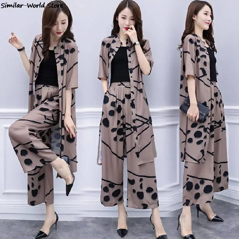 New Spring Summer Fashion 2 Piece Set Women Long Cardigan Blouse And Wide Leg Pant Sets  Elegant Chiffon Pants Suits