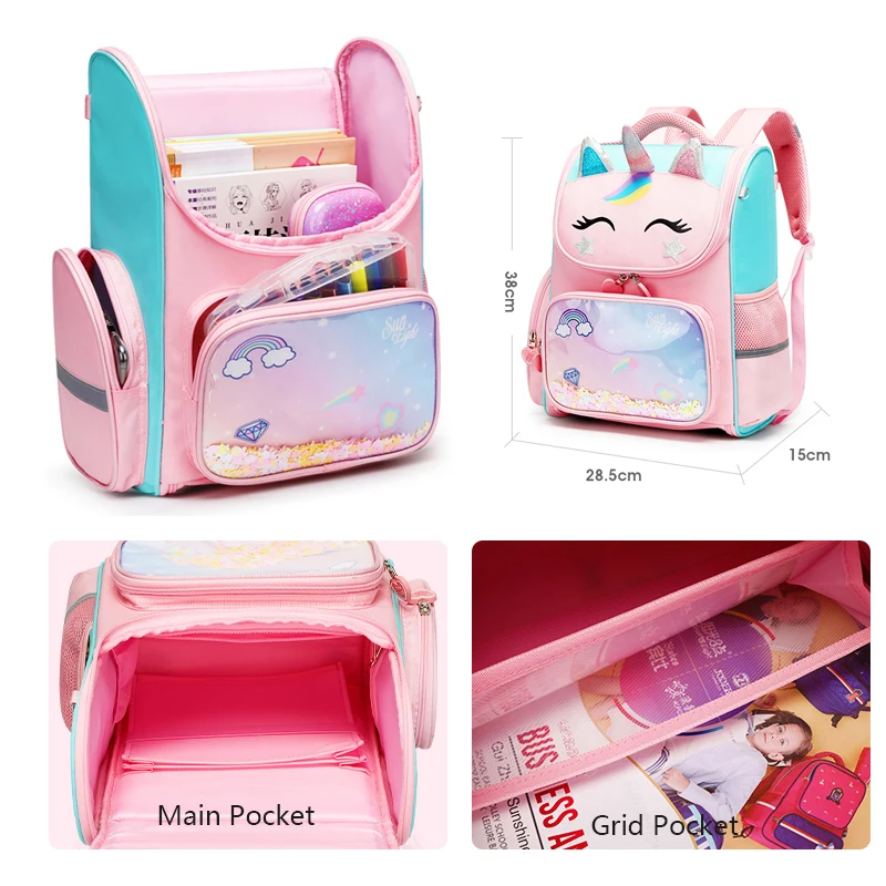 SUN EIGHT Orthopedic Back Girl School Bags  Children Books Bag Waterproof Nylon 3D Space