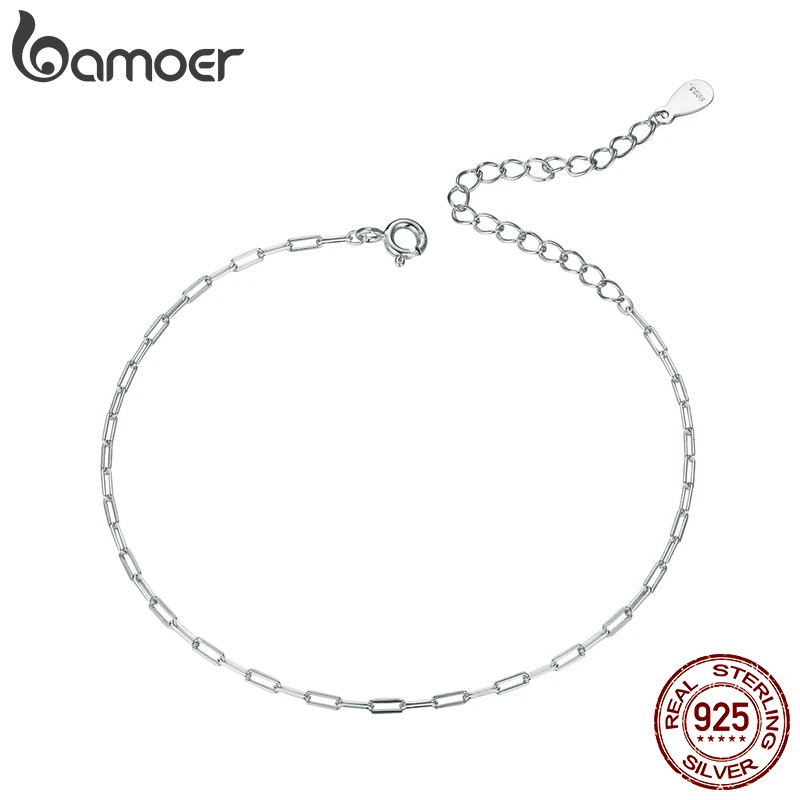 bamoer Two Colors Real 925 Sterling Silver Simple Bracelet Gold Basic Cable Chain Hollow Link for Women Fashion Jewelry SCB221