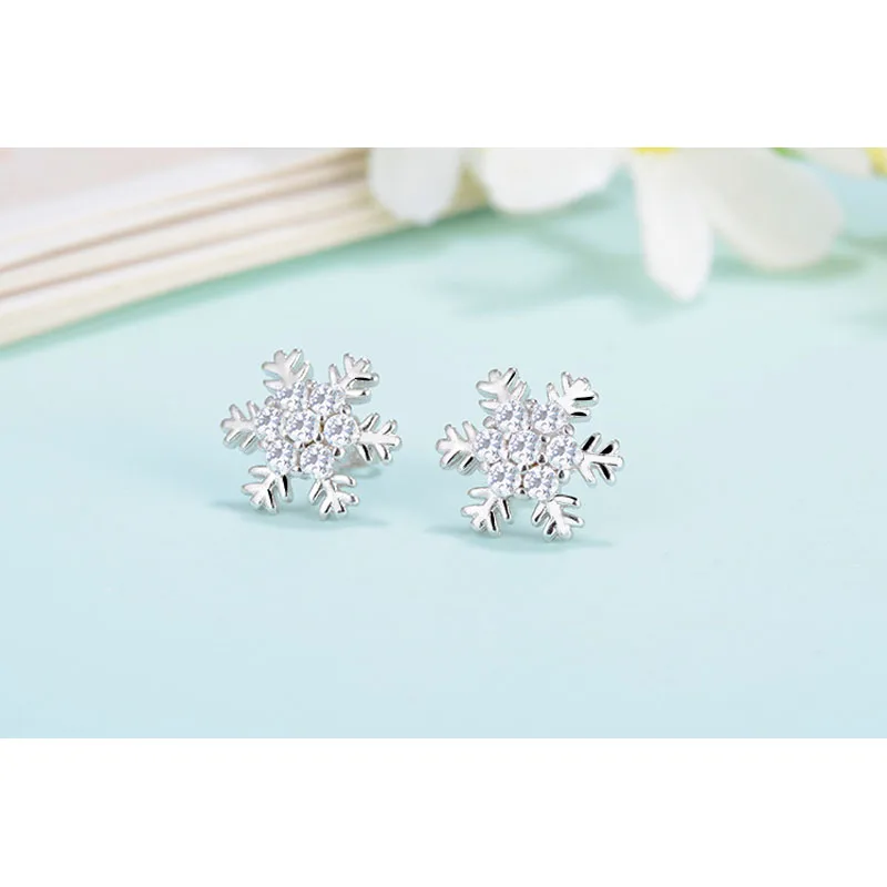 Mooie Bloem Zirconia Een Paar 925 Sterling Zilveren Sneeuwvlok Stud Oorbel Meisjes Accessoires Luxe Sieraden Gift Voor Vrouwen