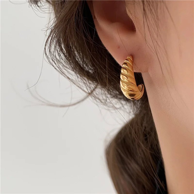 

New Arrivals French 316 L Titanium Steel Croissant Bag Shape Earrings Fashion 18 K Gold Plated Twist Hoop Earrings Hot Sale