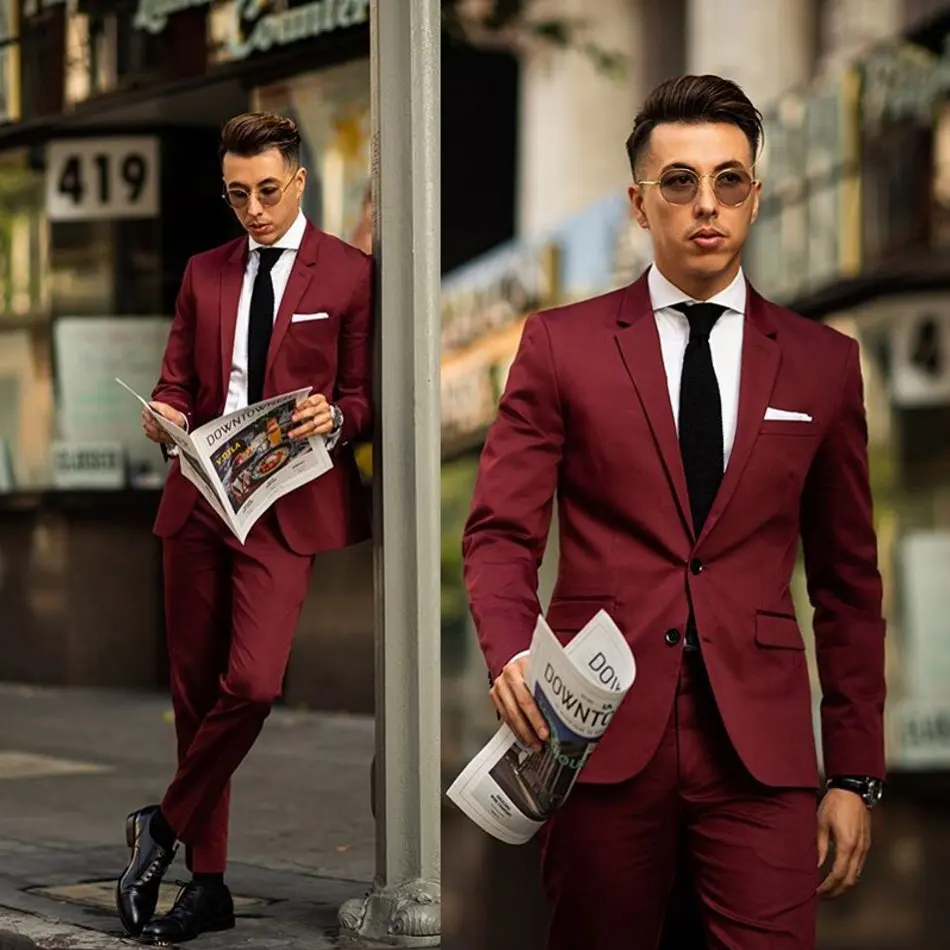 

Wine Red Mens Suits Polyester 2 Piece (Coat+Pants) Notch Lapel Terno Masculino Business Suit Slim Fit