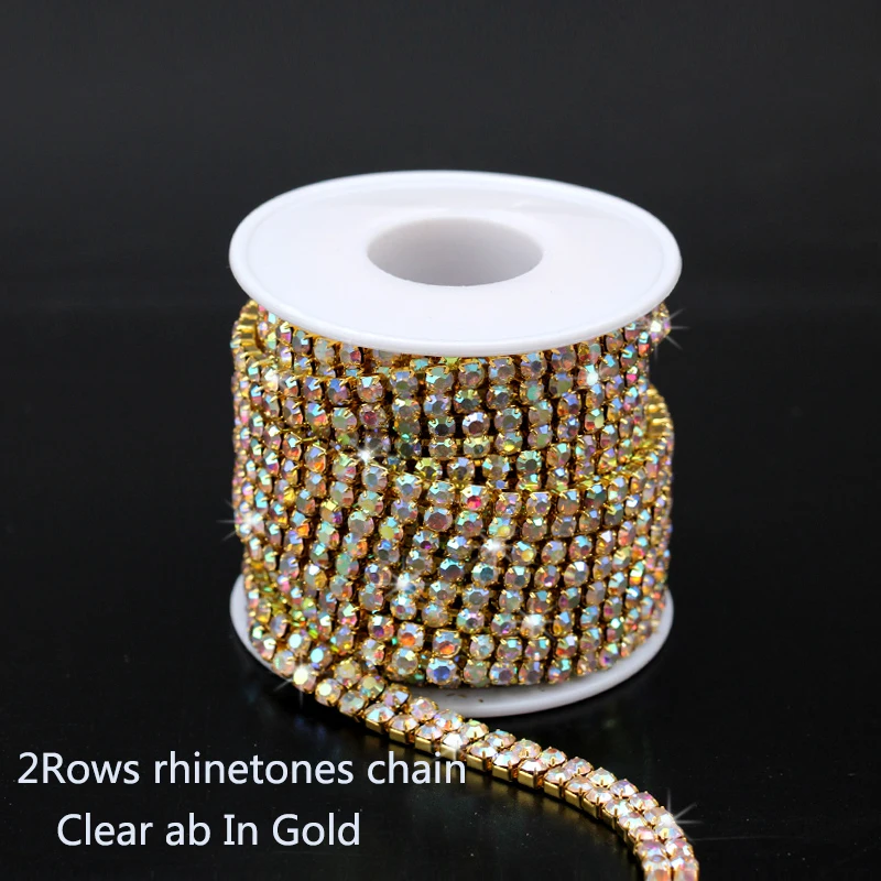 2Rows 10yards/roll Rhinestone AB/clear crystal Chain Gold/Silver claw close Base Cup Chain Apparel Sewing diy  Accessories