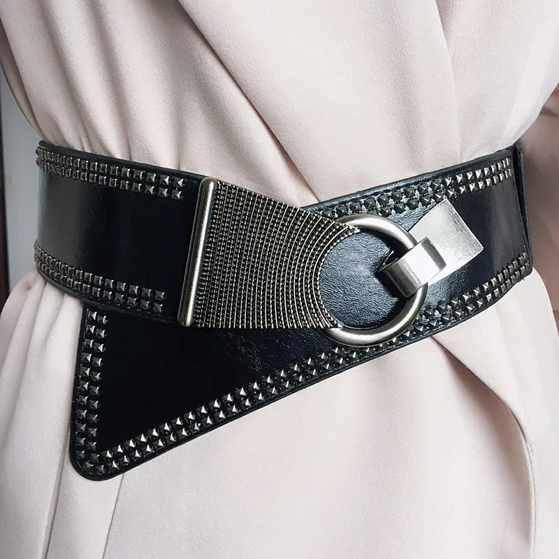 2019 Stile Punk Rivetti Borda Rotonda Fibbia Femminile Della Cinghia Delle Donne di Cuoio Dell'unità di elaborazione Super Wide 9 CENTIMETRI Cinture Ceinture Femme Per Il Tempo Libero cummerbunds