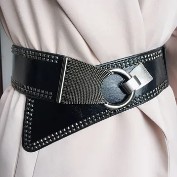 2019 Punk Tarzı Perçin Boncuk Yuvarlak Toka Kadın Kemer Kadın Pu Deri Süper Geniş 9CM Kemerler Ceinture Femme Eğlence kuşak