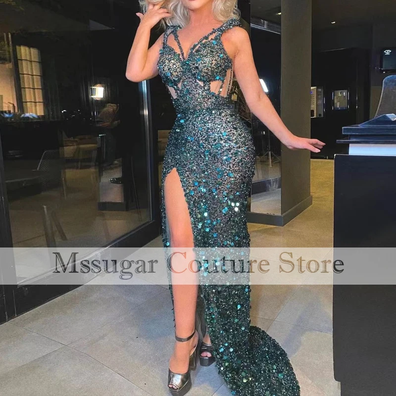 

Luxury Crystal Mermaid Evening Dresses 2021 High Split Spaghetti Straps Informal Party Gowns Vestido de noche