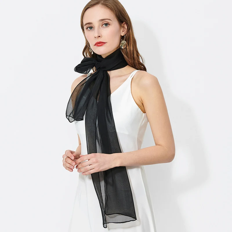100% Real Silk Chiffon Scarf Women Kerchief Soild Black Pure Natural Silk Neck Scarf Long Shawls Thin Silk Foulard Femme180x30cm