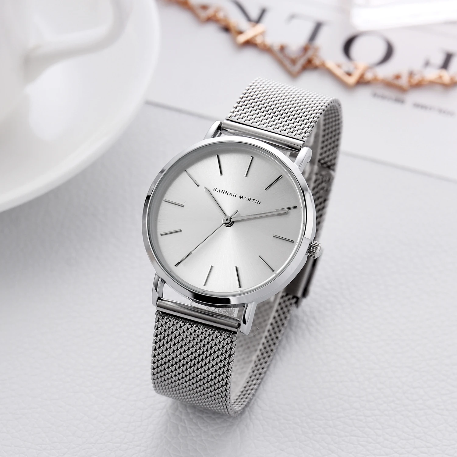 Hannah Martin Women Quartz Watches Stainless Steel Mesh Strap Japan Quartz Movement Waterproof Women Full Rose Gold Ladies Watch