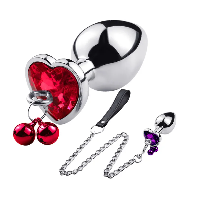 Crystal Heart Buttplug Stainless Steel Leash Chain Anal Plug Bells Pendant Prostate Massager SM Erotic Sex Toys For Women Men