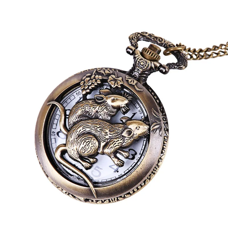 Large classic bronze hollow embossed two mouse pocket watches Hot stealing mice beautifully carved pocket watches