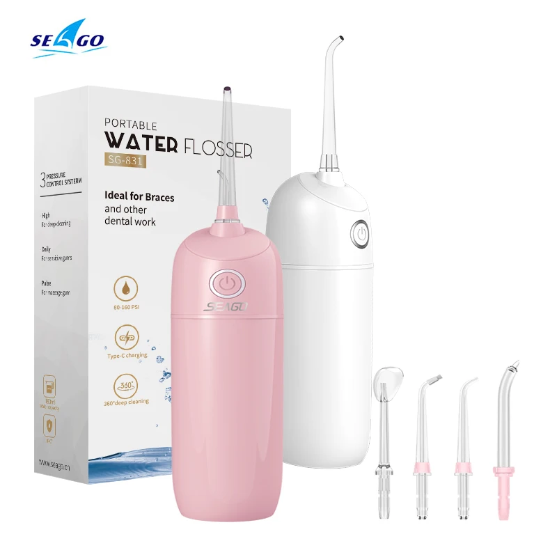 

Seago Portable Oral Irrigator Type C USB Rechargeable 3 Modes Tooth Cleaner 190ml Deantal Water Flosser Cordless 5 Jet Nozzles