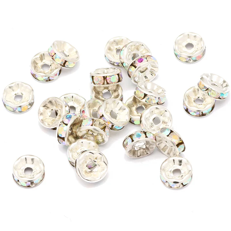 50pcs 4 6 8 10mm AB Rhinestone Rondelles Crystal Beads Round Loose Spacer Beads for Jewelry Making Bracelet DIY Accessories