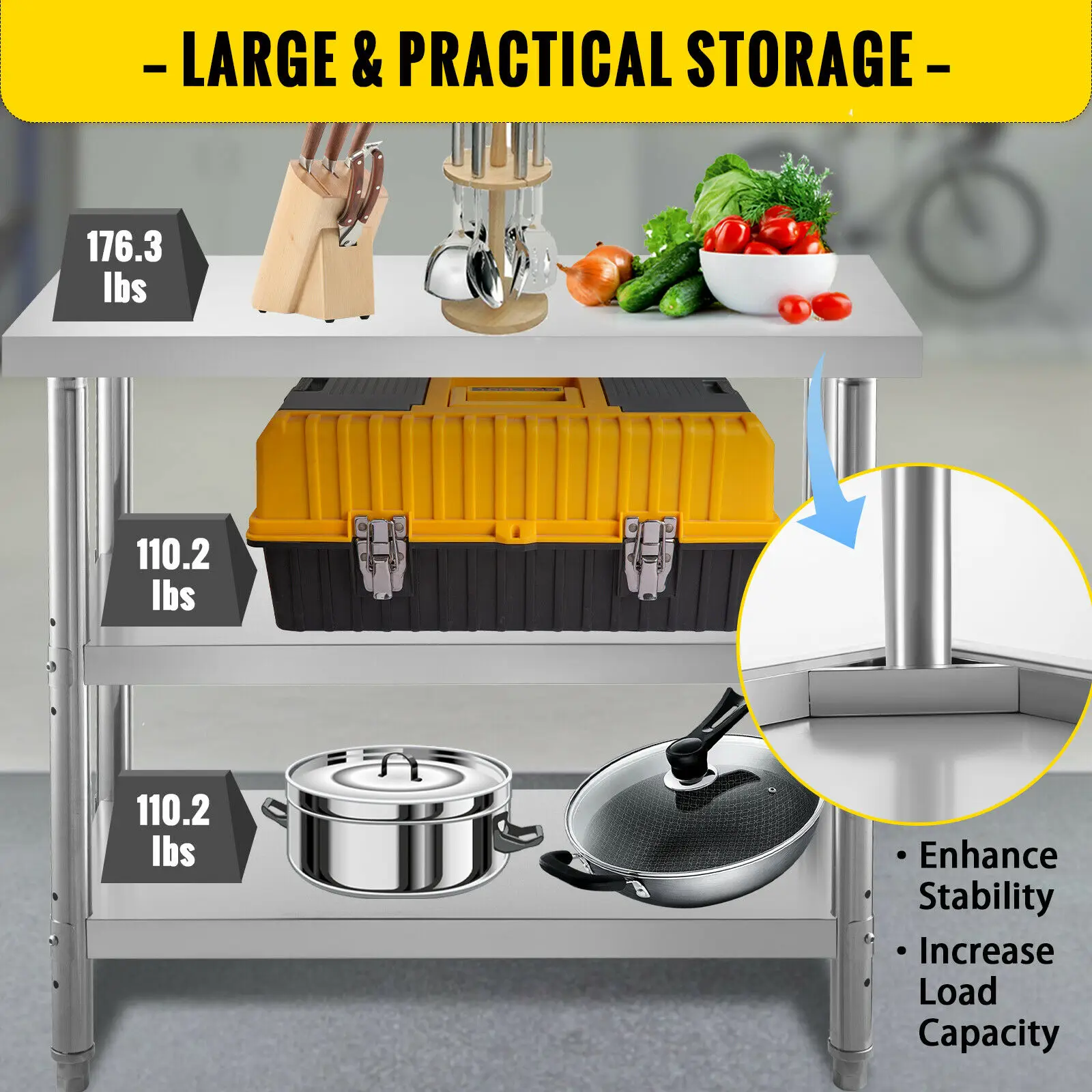 VEVOR Stainless Steel Work Table Storage Shelve Commercial Kitchen Food Prep with Installation for Home Projects Cafeteria Hotel