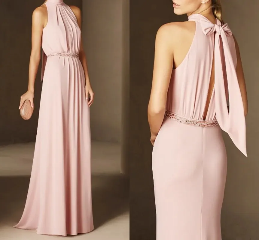 Robe De Soirée longue rose, ligne a, élégante, col licou, sans manches, perles, ceinture, Robe De bal, 2022