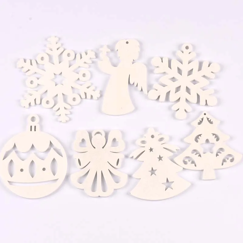 5pcs + 1m corda di canapa ornamento per albero di natale pendenti in legno appesi angeli bianchi/albero/fiocchi di neve decorazioni natalizie per la