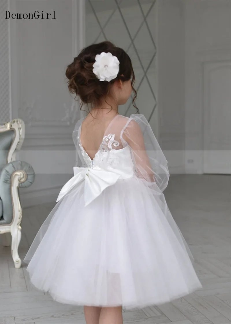 Ivory Lace Tulle Long Sleeve Flower Girl Dress Kids Tutu O Neck Big Bow Girls Clothes First Communion Dress Size 1-14Y