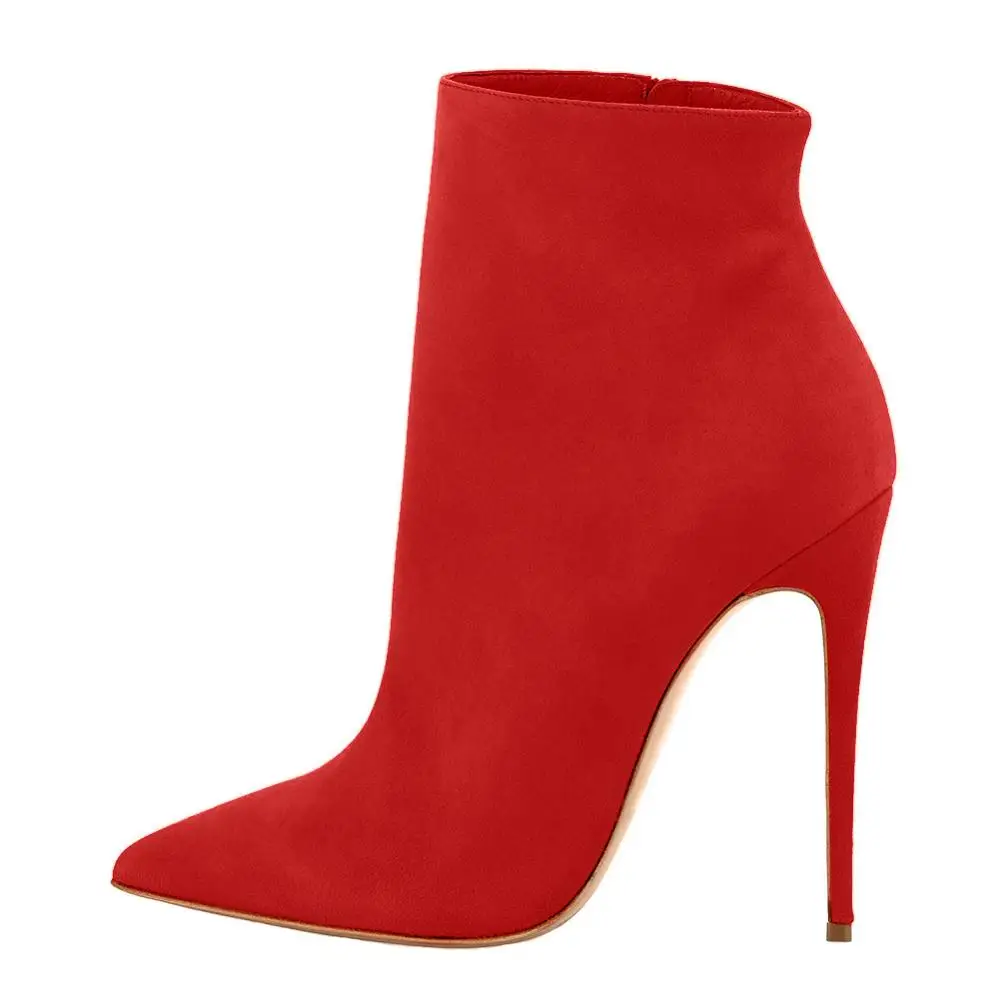 Onlymaker  Female Pointed Toe High Heels Ankle Boots Stiletto Side Zipper Black Red Suede Shoes Plus Size Booties