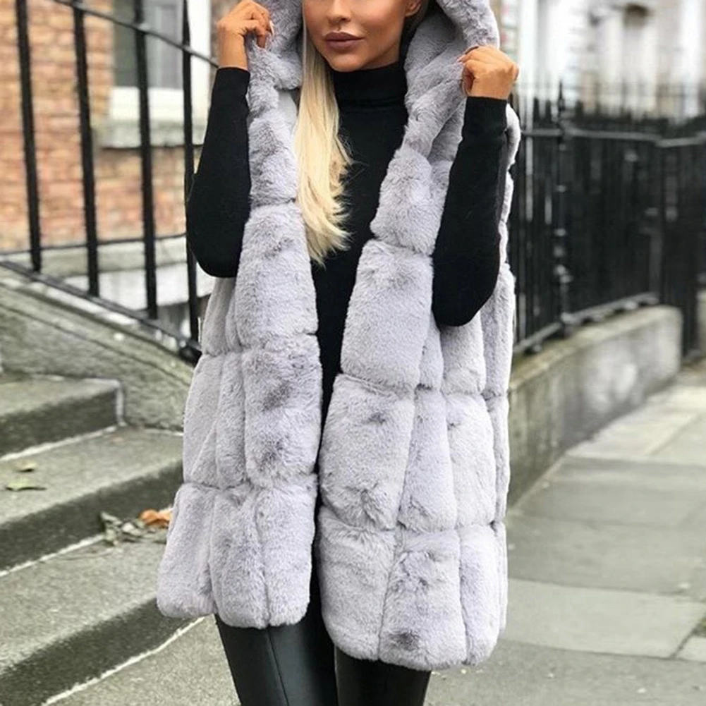 Women Winter Thicken Faux Fur Vest Jacket Casual Women Solid Color Hooded Waistcoat Streetwear Mujer Jacket кофта женская 2021