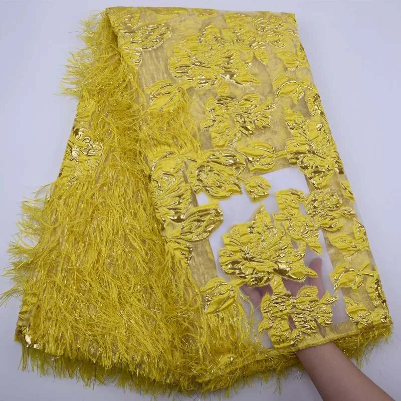 

yellow Tulle Laces Fabrics African Very Soft Feather Embroidery Latest High Quality Nigerian Lace Fabric For Wedding Dress party