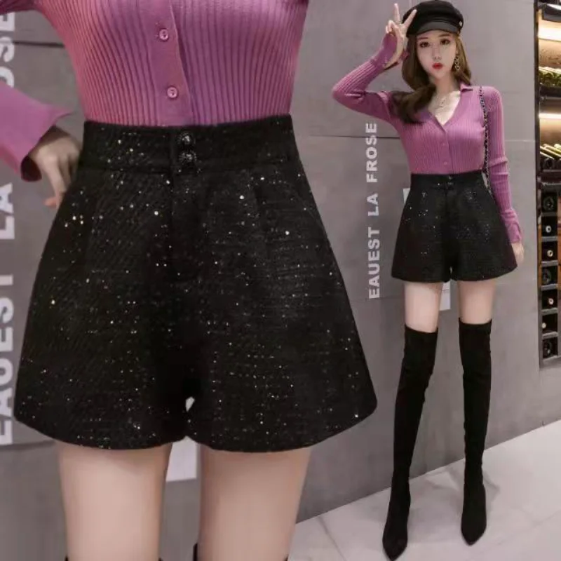 Rhinestones Tweed Shorts Women Autumn Winter Sequin Black Slim Woolen Shorts High Waist Loose Outerwear Wide Leg Straight Pants